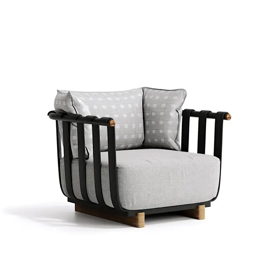 Avant-garde Atmosphera Portofino lounge chair with dark gray powder-coated metal and natural teak details in textured off-white upholstery