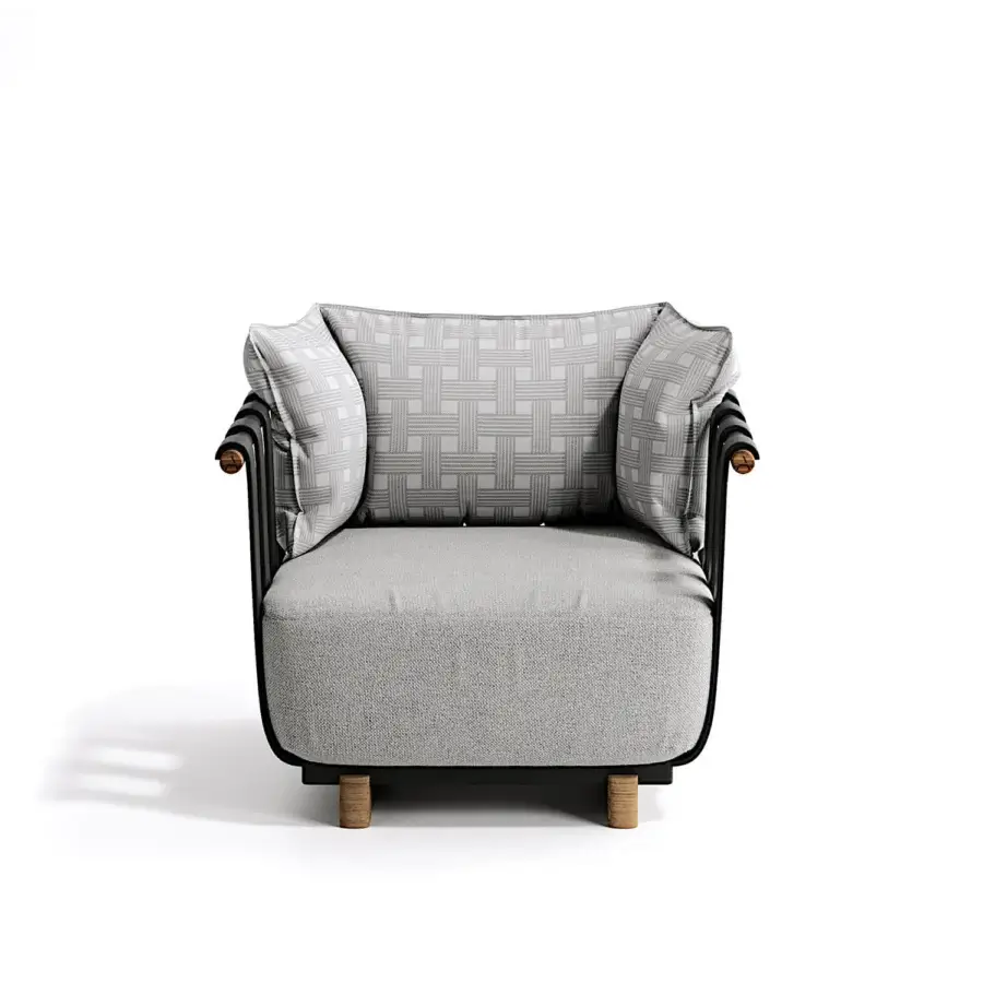 Distinguished Atmosphera Portofino lounge chair with light gray textiles and natural teak details in a matte finish
