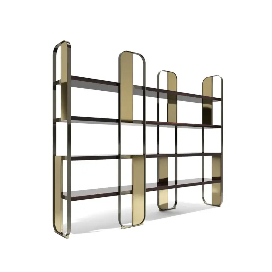 Distinguished Capital Giselle bookcase crafted with a sculptural brass-toned metal frame and dark brown wood shelving