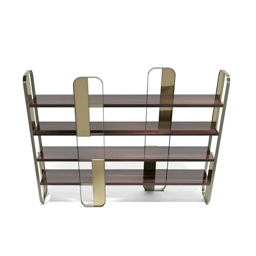 Exceptional Capital Giselle bookcase built with dark brown wood shelving and a lustrous golden metal frame with polished details