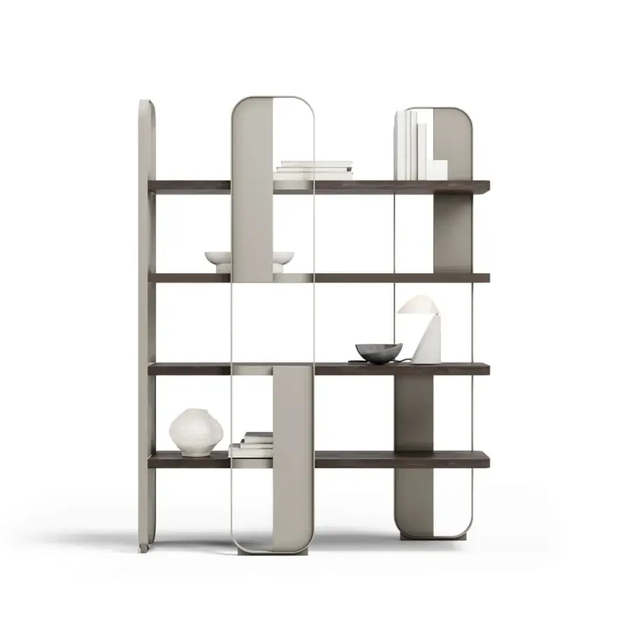 Distinguished Capital Giselle bookcase crafted with sculptural metal and warm wooden shelving in glossy and matte finishes