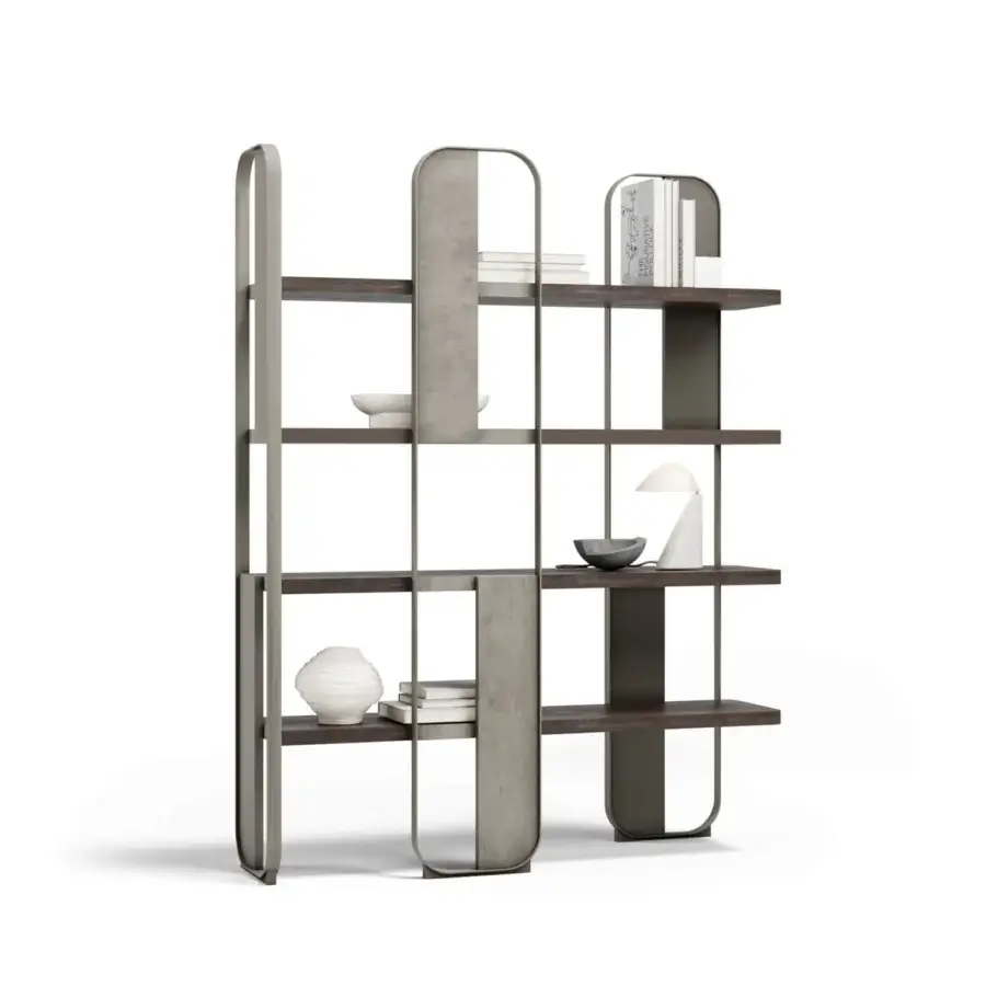 Elegant Capital Giselle bookcase crafted with a muted gray metal frame and dark-toned wood shelving with a matt finish