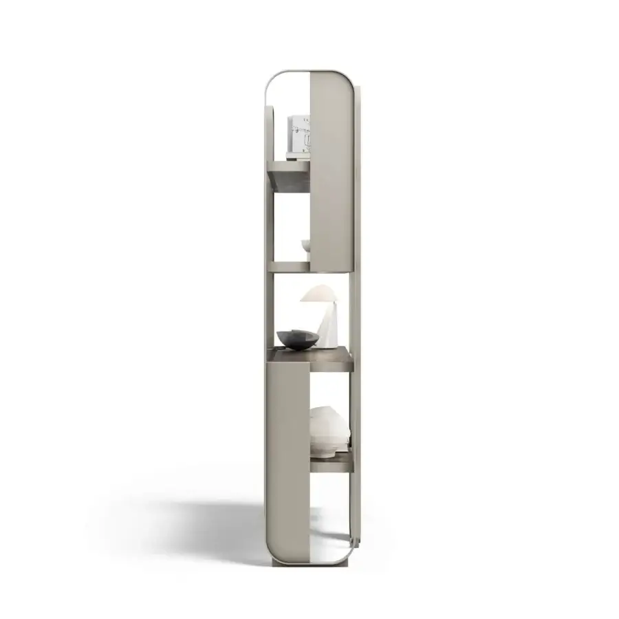 Distinguished Capital Giselle bookcase crafted with sculptural metal and warm wooden shelves in a matt finish with a neutral beige form