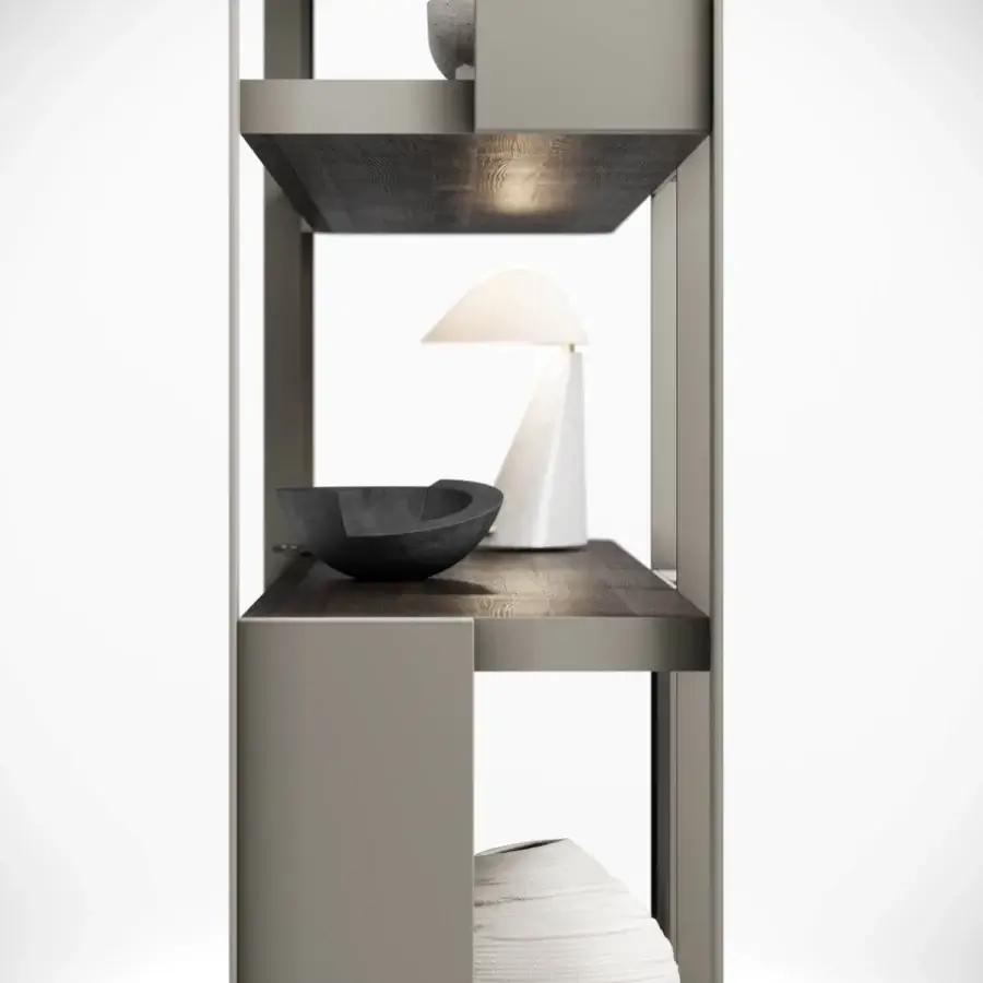 Superior Capital Giselle bookcase built with sculptural metal and warm matte wooden shelves offering harmonious contrast