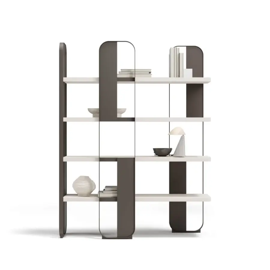 Elegant Capital Giselle bookcase crafted with wood shelves and a sophisticated greyish-taupe metal structure in a neutral beige matte finish
