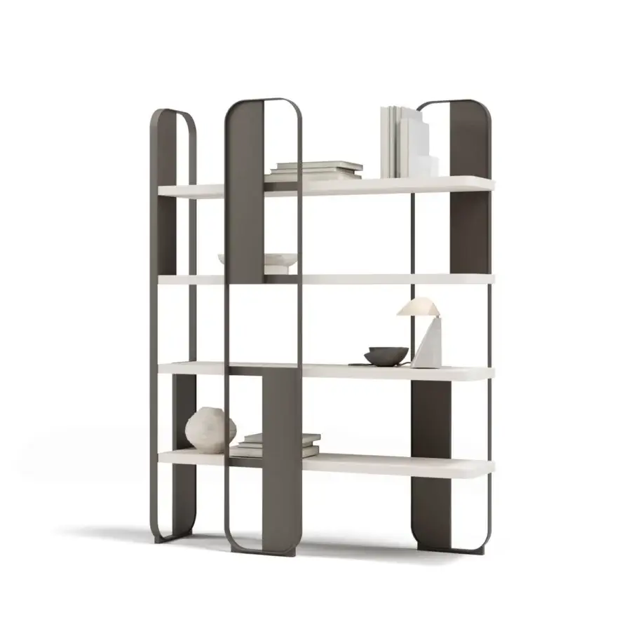 Distinguished Capital Giselle bookcase crafted with warm wood shelves and a sculptural matte taupe metal structure