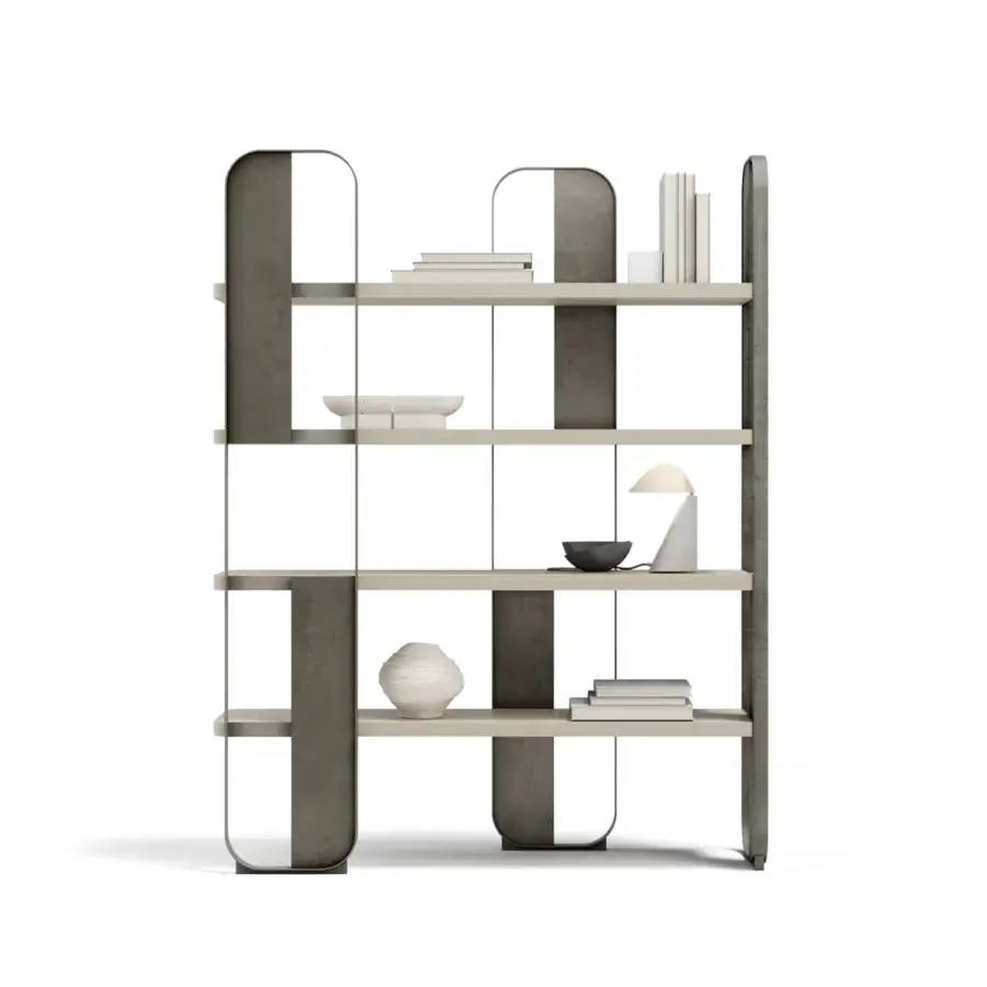 Superior Capital Giselle bookcase built with wooden shelves and a muted taupe metal structure with a matte finish