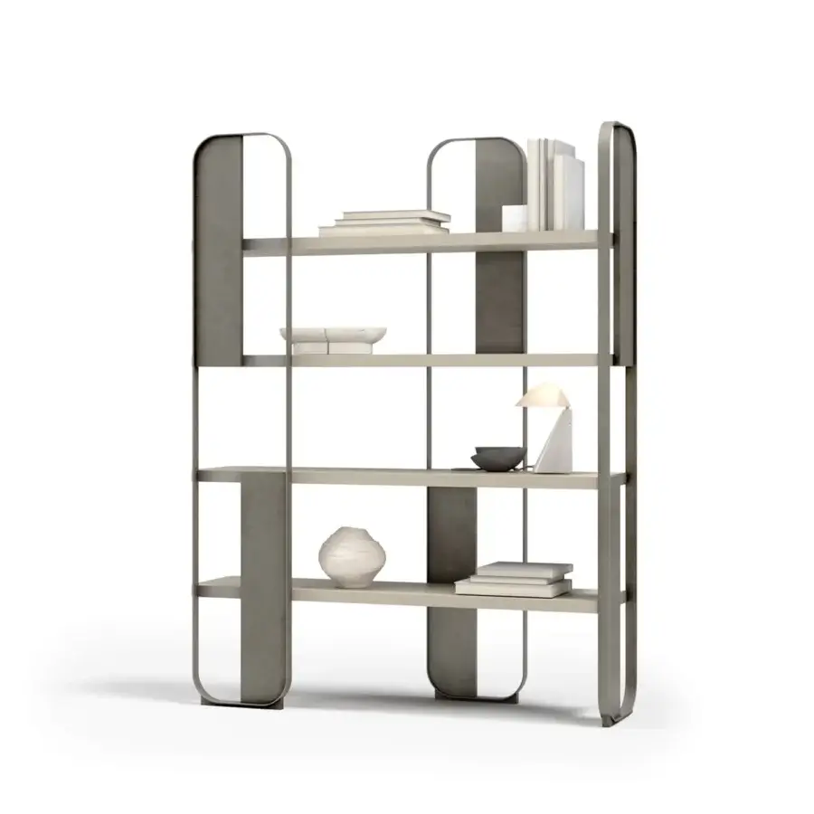 Refined Capital Giselle bookcase crafted with warm wooden shelves and a sophisticated grey matte metal sculptural structure