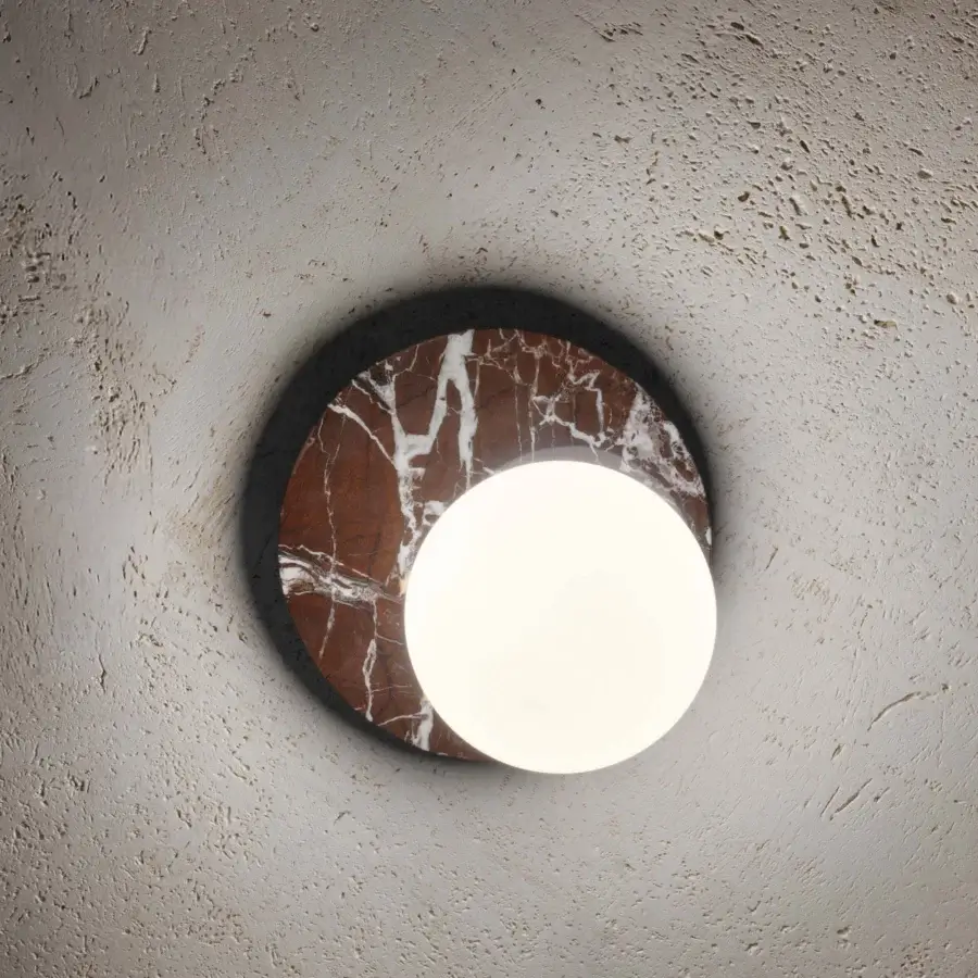 Superior Contardi Emma Wall Lamp lighting crafted in reddish-brown marble with white opal glass and dark matte metal framing