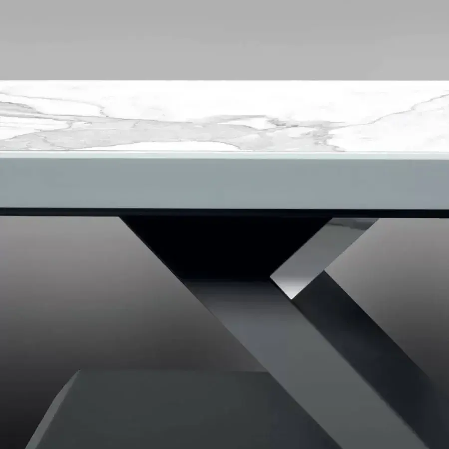 Elegant Ivano Antonello Italia Zagor dining table with glossy ceramic and dark-toned matte metal base crafted in contemporary design