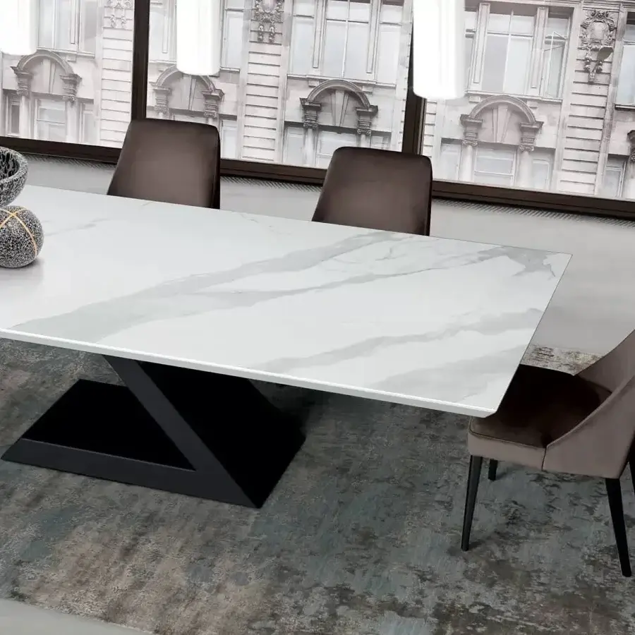 Distinguished Ivano Antonello Italia Zagor dining table with glossy ceramic and matte dark-toned painted metal base