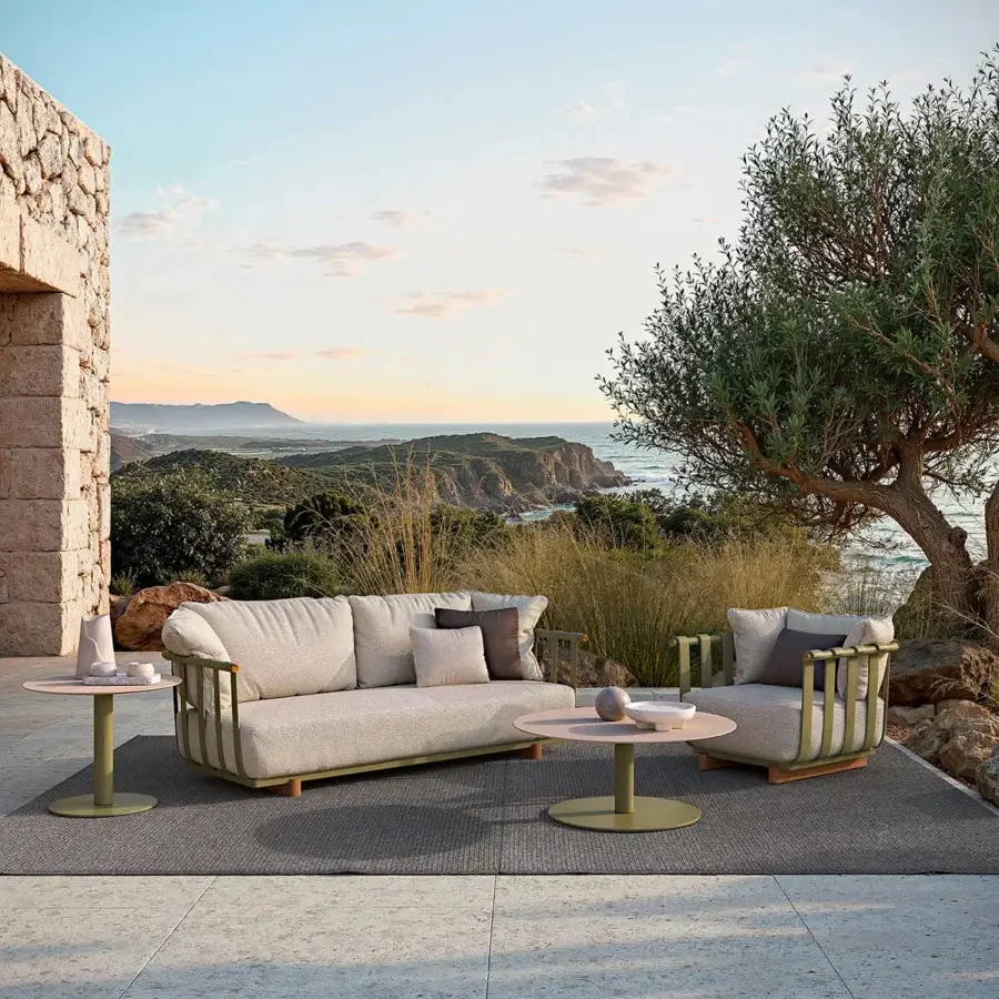 Elegant Atmosphera Portofino sofa with a sleek olive-green aluminum frame and natural teak accents, built with neutral beige cushions