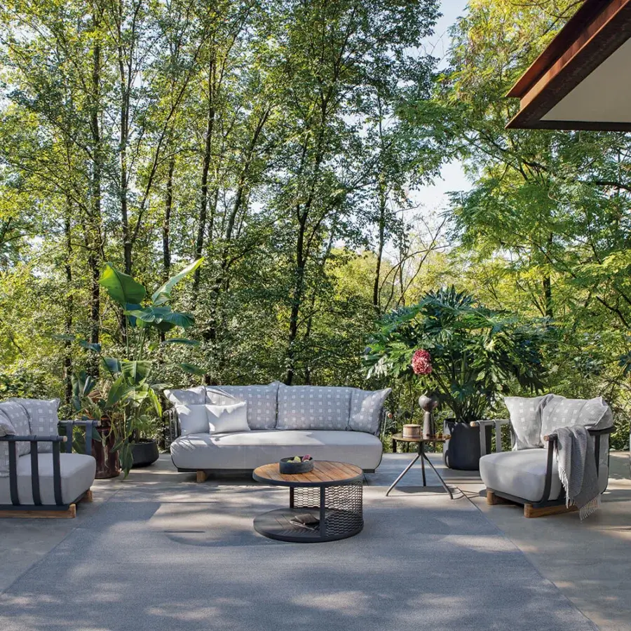 Superior Atmosphera Portofino sofa crafted with light gray textile, industrial aluminum and refined teak with a powder-coated finish
