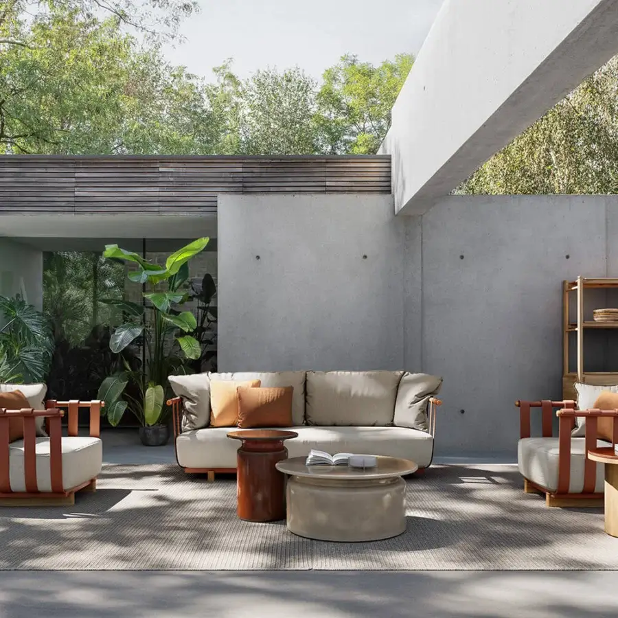 Exceptional Atmosphera Portofino sofa built with light beige textile, a powder-coated aluminum frame and warm teak details