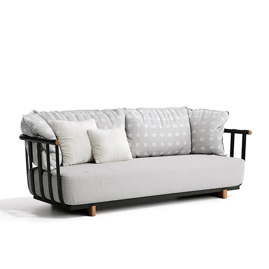 Elegant Atmosphera Portofino sofa built with light gray textile, warm teak details and a powder-coated aluminum frame
