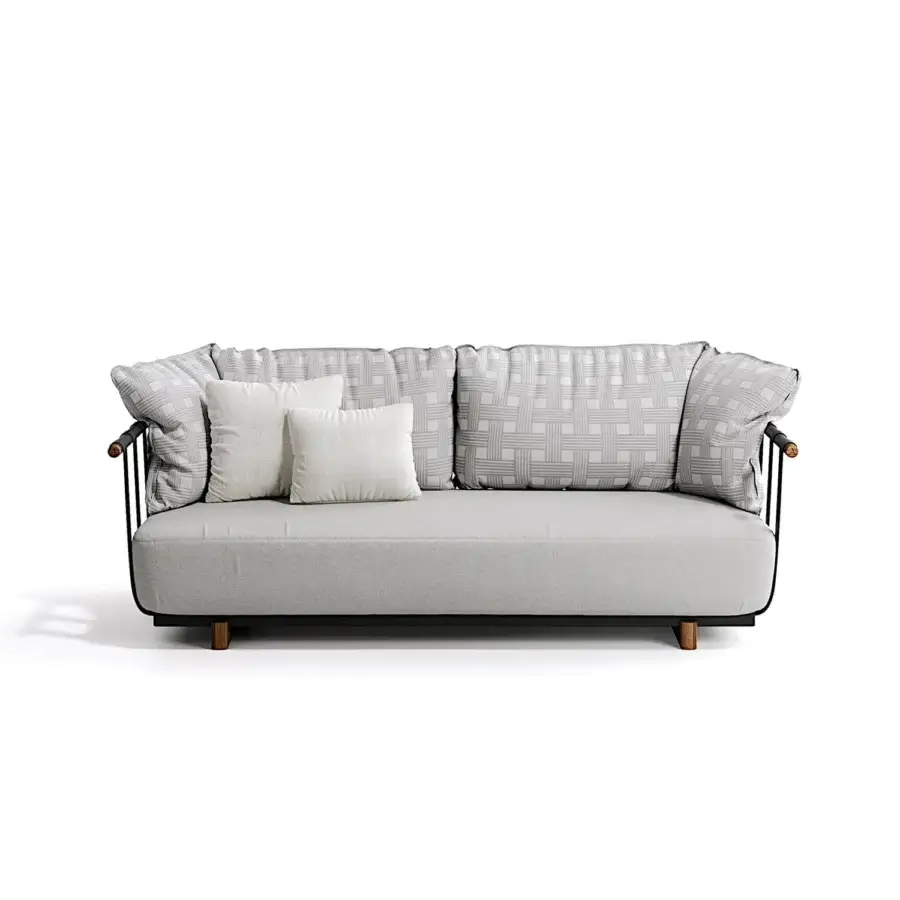Distinguished Atmosphera Portofino sofa crafted with light-grey textile, black powder-coated aluminum and warm teak details