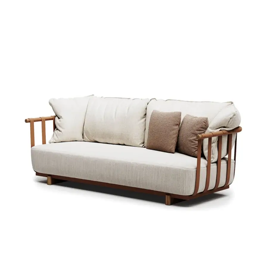 Superior Atmosphera Portofino sofa with sinuous curves, light beige textured upholstery and a powder-coated aluminium frame built with refined teak details