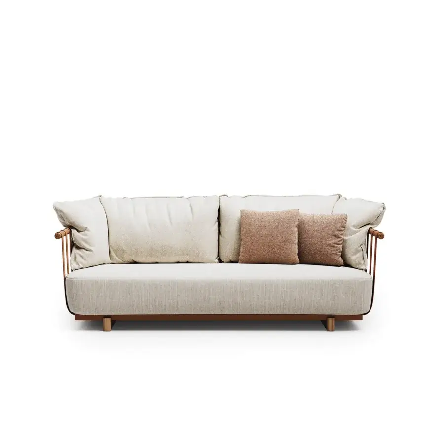 Architectural Atmosphera Portofino sofa with sinuous curves, warm natural Teak accents and neutral beige textured upholstery