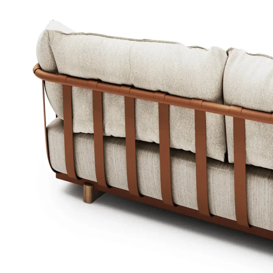 Exclusive Atmosphera Portofino sofa crafted with durable aluminum, refined teak and inviting cushions in light beige and reddish-brown hues