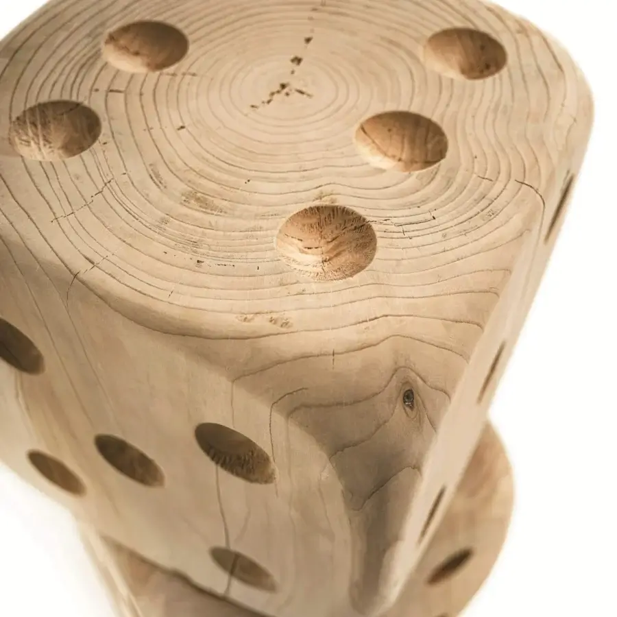 Distinguished Riva 1920 Dadone stool expertly carved from solid Cedar of Lebanon wood with circular perforations and a matte finish