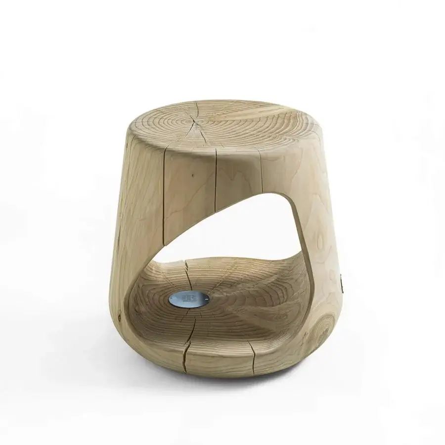Distinguished Riva 1920 Geppo stool carved from scented Cedar of Lebanon with a warm beige-brown hue and textured matte finish