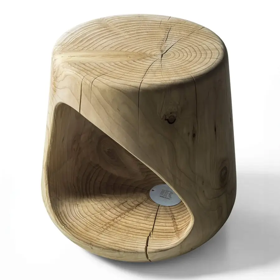 Distinguished Riva 1920 Geppo stool crafted from scented Cedar of Lebanon exhibiting warm beige tones and natural wood grain