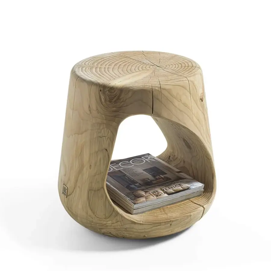 Exceptional Riva 1920 Geppo stool hand-carved in light brown Cedar of Lebanon with an open-niche design