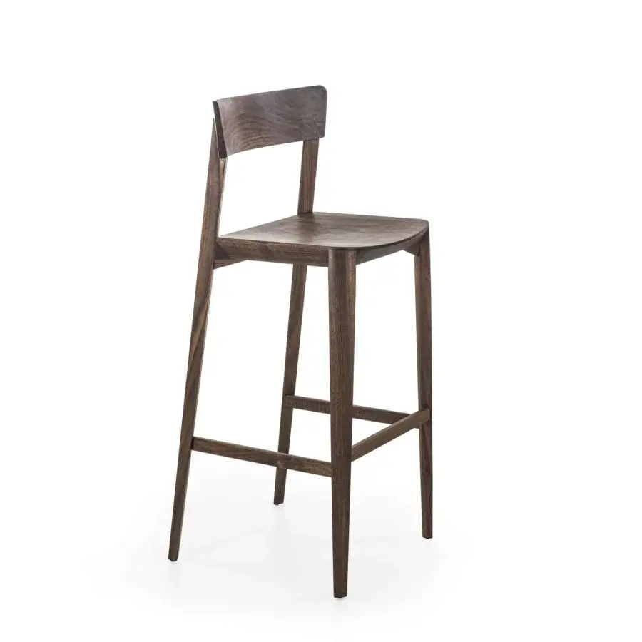 Distinguished Riva 1920 Mia bar stool crafted in medium-dark brown solid wood with a matte finish exhibiting natural grain