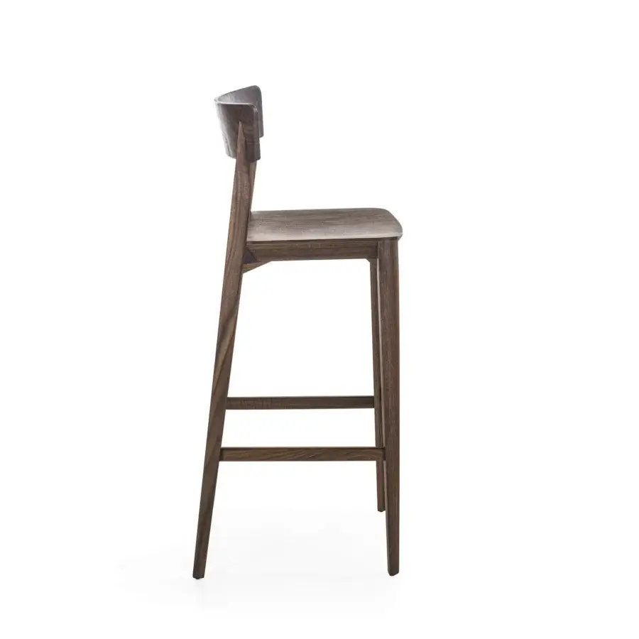 Exceptional Riva 1920 Mia bar stool crafted in medium-dark brown solid wood with pronounced grain and a subtly curved backrest
