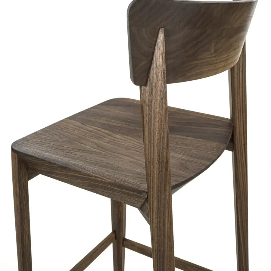 Elegant Riva 1920 Mia bar stool crafted in medium-dark brown solid wood with visible grain and sculptural ergonomic design