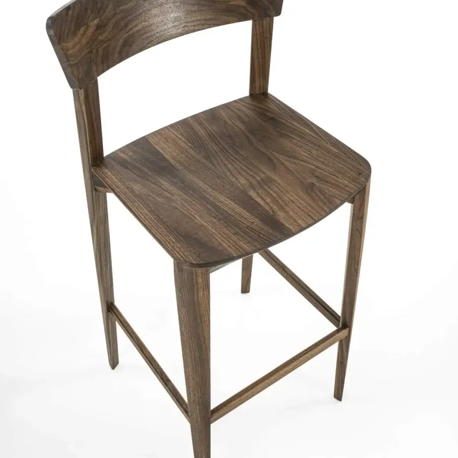 Distinguished Riva 1920 Mia bar stool crafted in medium-dark brown solid wood with a smooth satin sheen and sculptural curves