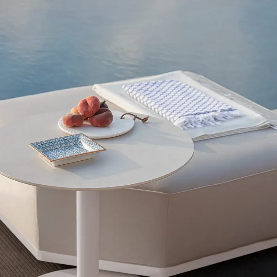 Superior Atmosphera Smart side table with durable powder-coated aluminum structure and crisp white Gres top in smooth matte finish