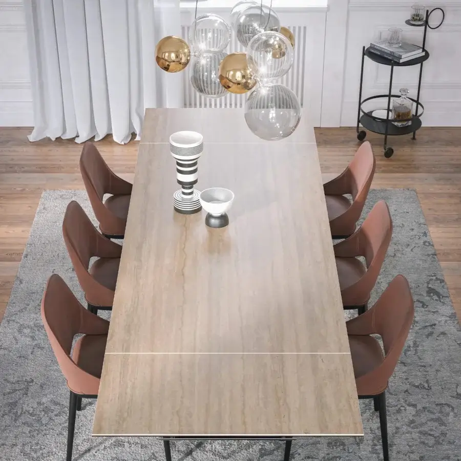 Captivating Tonin Casa Butterfly Ext table built in travertino with polished light beige and natural veining