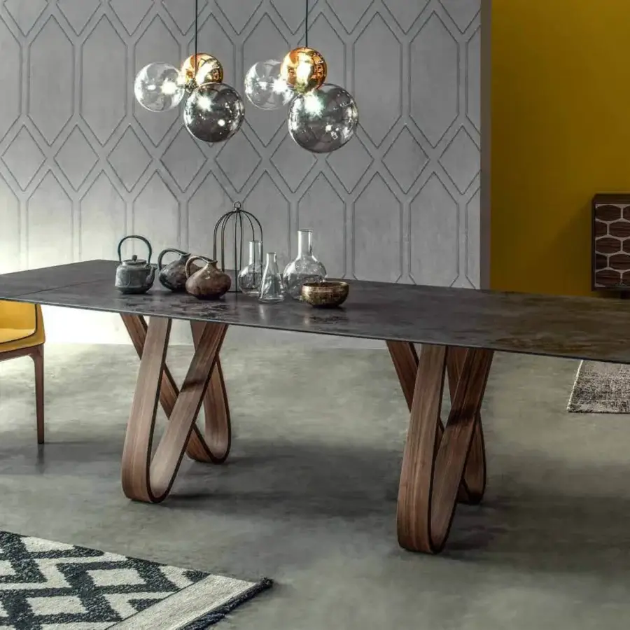 Elegant Tonin Casa Butterfly Ext table crafted in dark-toned tempered glass with a satin medium-brown wood base