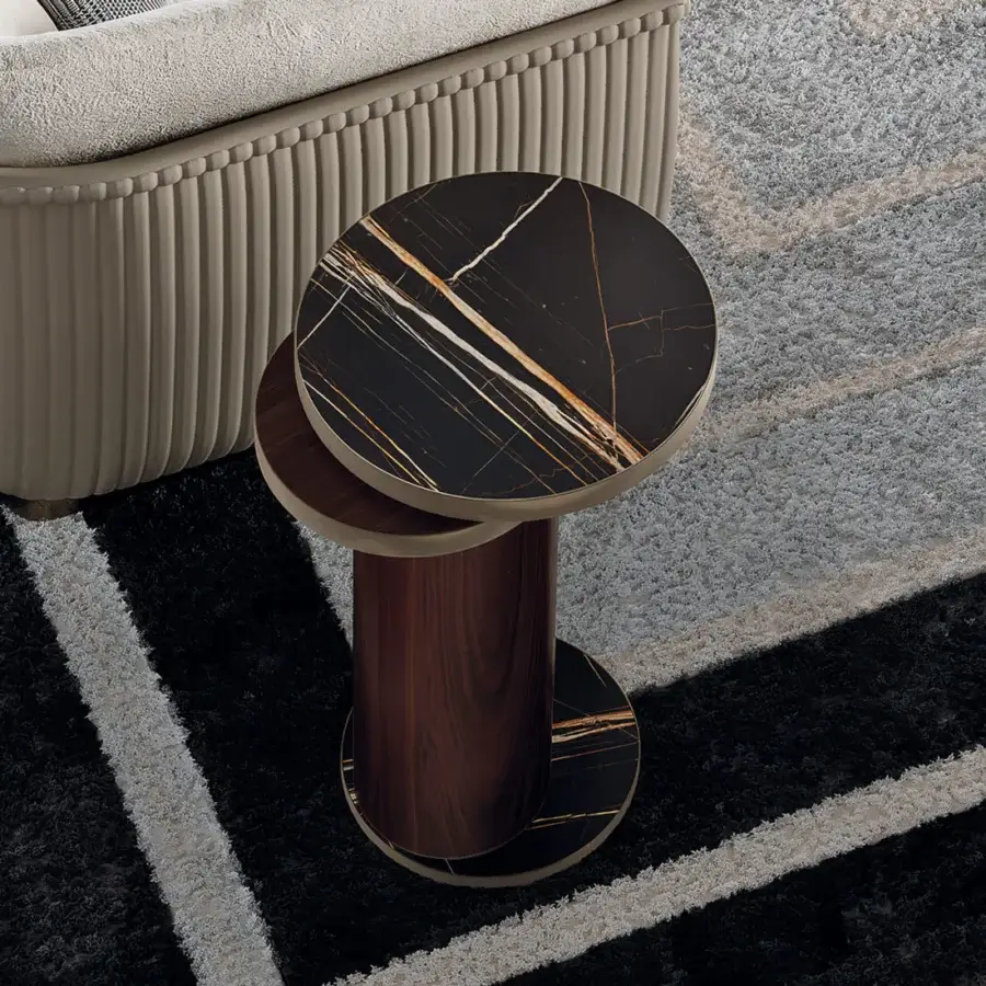 Exceptional Capital Celine side table with black marble tiers and reddish-brown wood column in satin finish