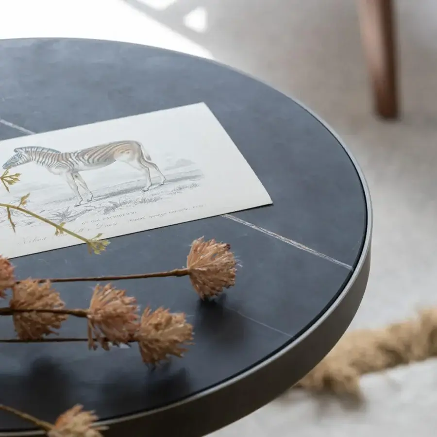 Distinguished Capital Celine side table with glossy wood and delicate metal rings in a dark gray palette