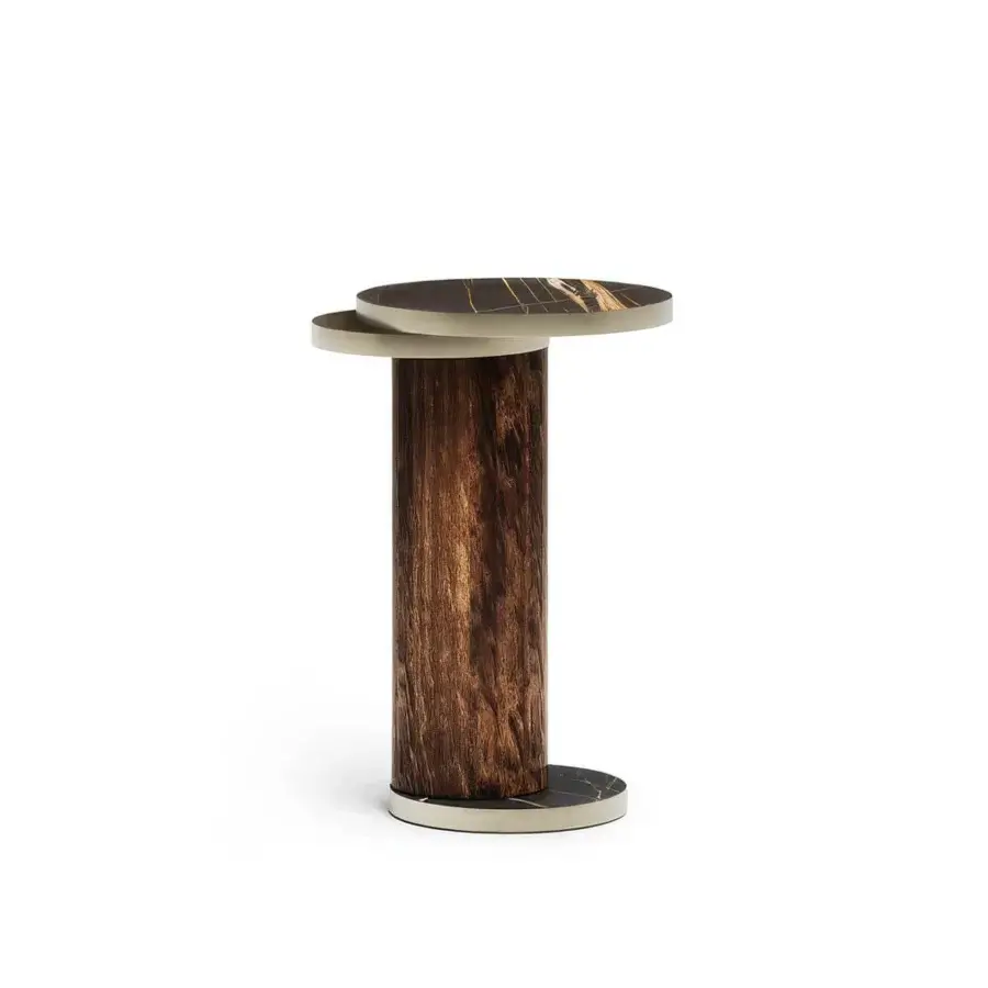 Distinguished Capital Celine side table in pale grey marble and textured wood with delicate metal rings and satin sheen