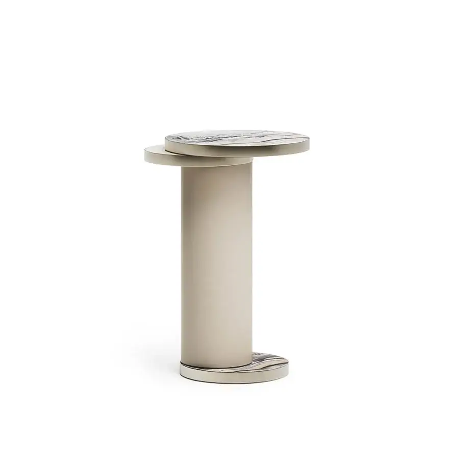 Superior Capital Celine side table with polished marble and satin beige wood-like column, accented with delicate silver metal rings