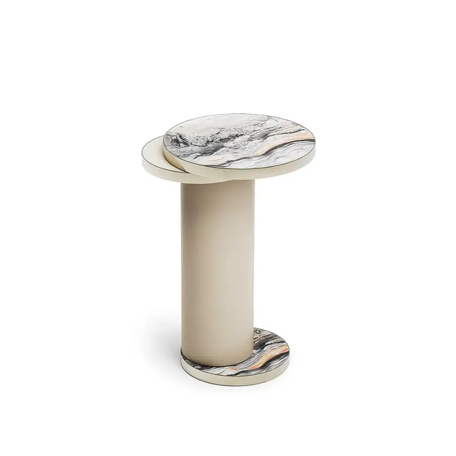 Distinguished Capital Celine side table with glossy marble and light beige lacquered column detailing