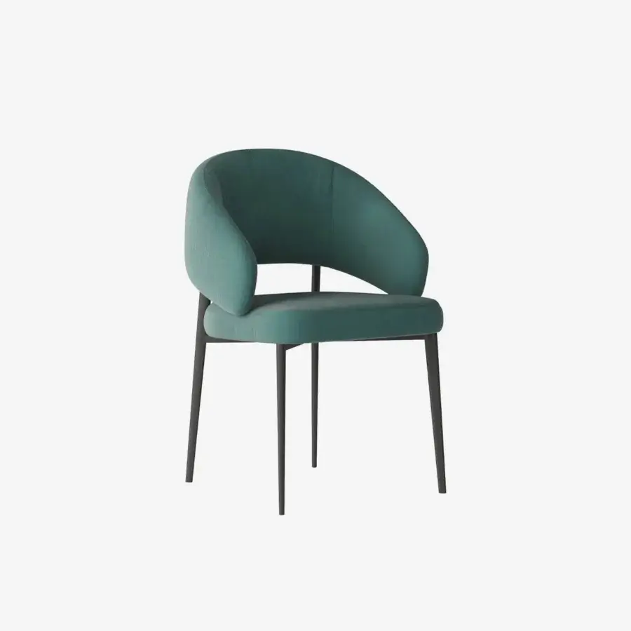 Lavish Tonin Casa Astra armchair with softly curved form and muted teal green fabric upholstery built with a dark metal base