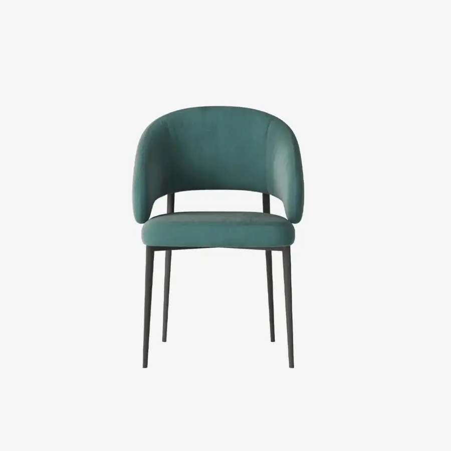 Exceptional Tonin Casa Astra armchair with inviting curved silhouette and muted teal fabric upholstery built with a painted metal base