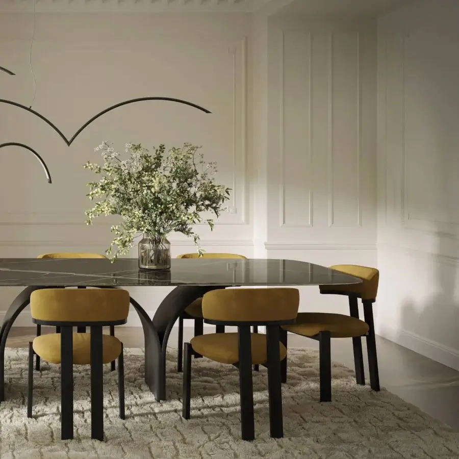Sumptuous Tonin Casa Camila chair with golden yellow velvet upholstery and matte black solid wood frame