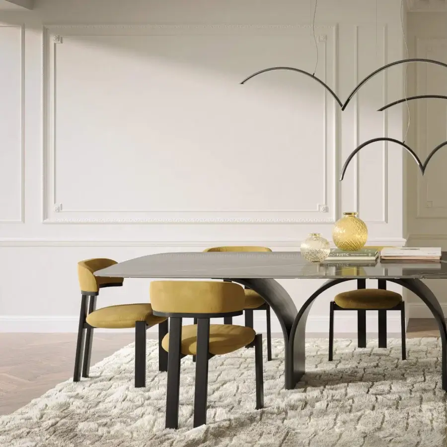 Captivating Tonin Casa Camila chair with golden yellow velvety textile upholstery and dark-toned metal frame