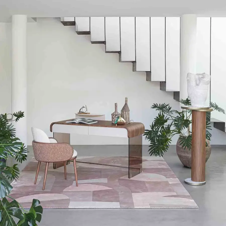 Elegant Capital Celine pedestal crafted in warm brown wood veneer with a contrasting white marble top and metallic detailing