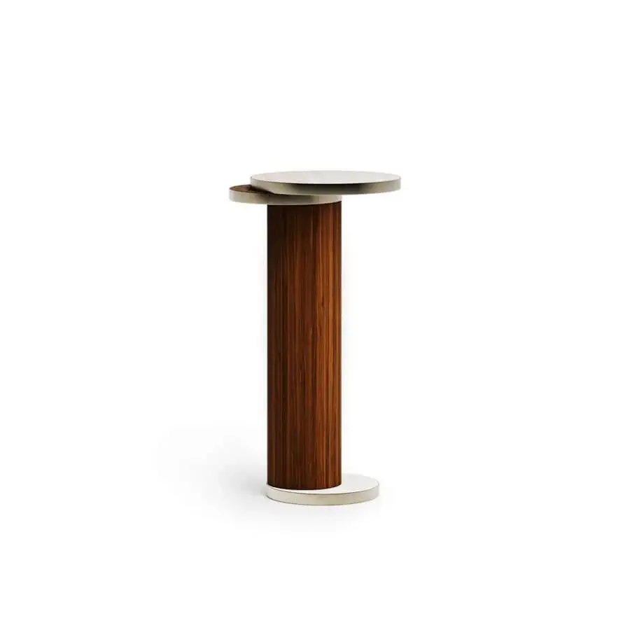 Exceptional Capital Celine pedestal crafted in reddish-brown wood veneer with luxurious marble tops and metallic detail