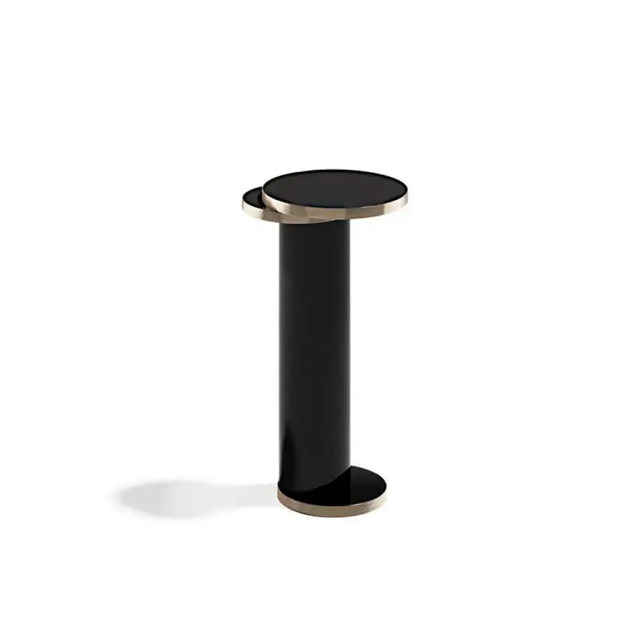 Distinguished Capital Celine pedestal crafted in Italy with glossy black lacquered wood, marble and rich wood veneer accents