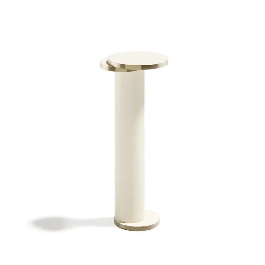 Distinguished Capital Celine pedestal crafted in wood veneer with metallic detail and satin light beige finish