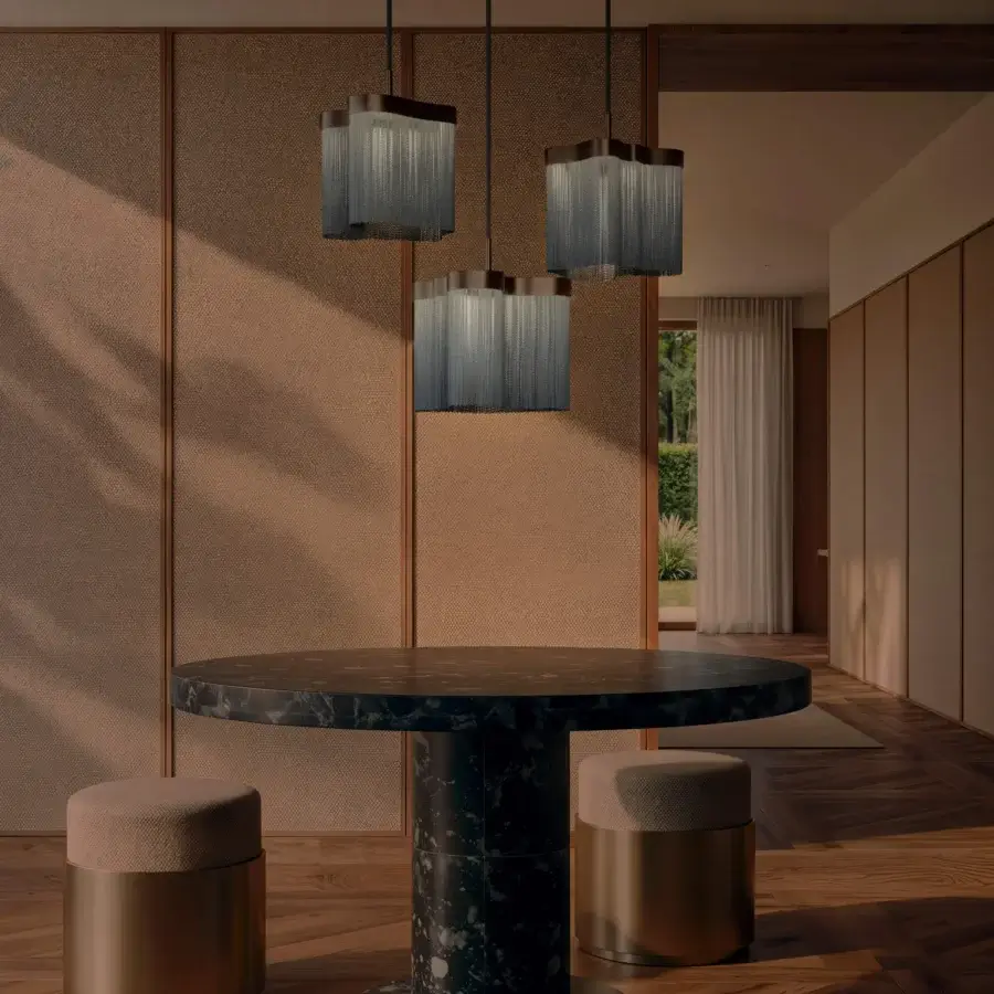 Distinctive Contardi Arcipelago suspension lamp with a bronze body, textured gray textile shade and satin finish