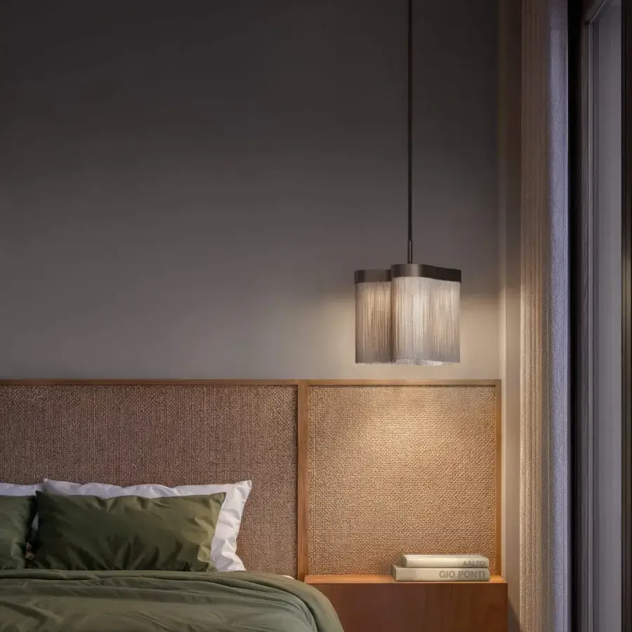 Superior Contardi Arcipelago suspension lamp crafted with bronze and fire-resistant Trevira CS fringes in beige with a satin metal finish