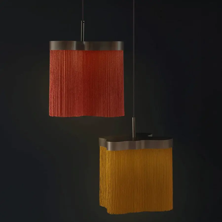 Distinguished Contardi Arcipelago suspension lamp with reddish-orange Trevira CS fringes and satin bronze frame